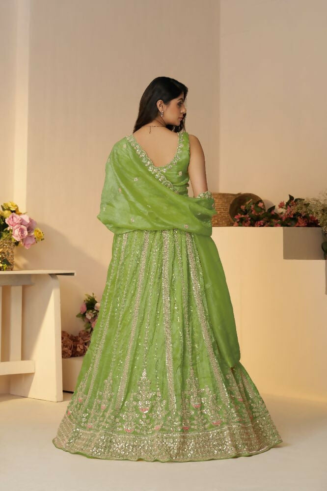 Kesar Fab Green Jimmy Choo Hand_Woven Lehenga | Grocsy