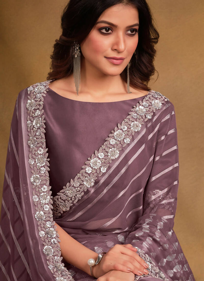 Lavender Georgette Kasab Designer Saree with Unstitched Blouse - Norita Mahitha | Grocsy