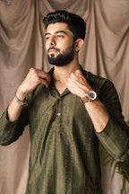 Mehandi Green Rayon Thread Embroidery Work Kurta Set - Mahotsav | Grocsy