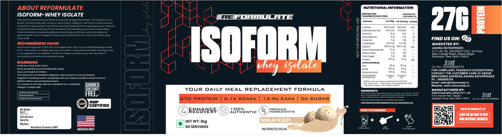 Reformulate I Isoform I Whey Isolate I Your Daily Meal Replacement Formula I 27G Protein | 6.1G BCAA | 12.9G EAA | O g Sugar - Malai Kulfi | Grocsy
