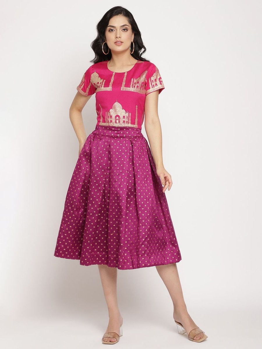 Ahalyaa Women's Pink Poly Silk Gold Foil Print Top With Skirt | Grocsy