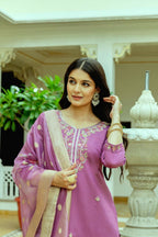 The52 Purple Women's Beautiful Embroidered Viscose Chanderi Silk Fabric with Straight Kurta, Pant and Dupatta Set | Grocsy