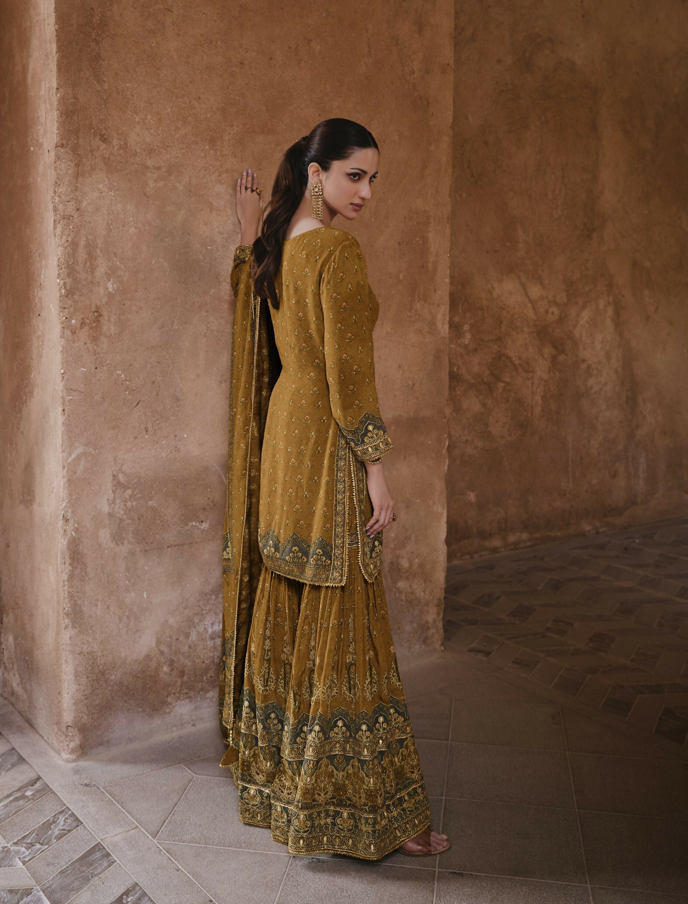 Anaita Mustard Silk Readymade Palazzo Suit with Swarovski Work | Grocsy