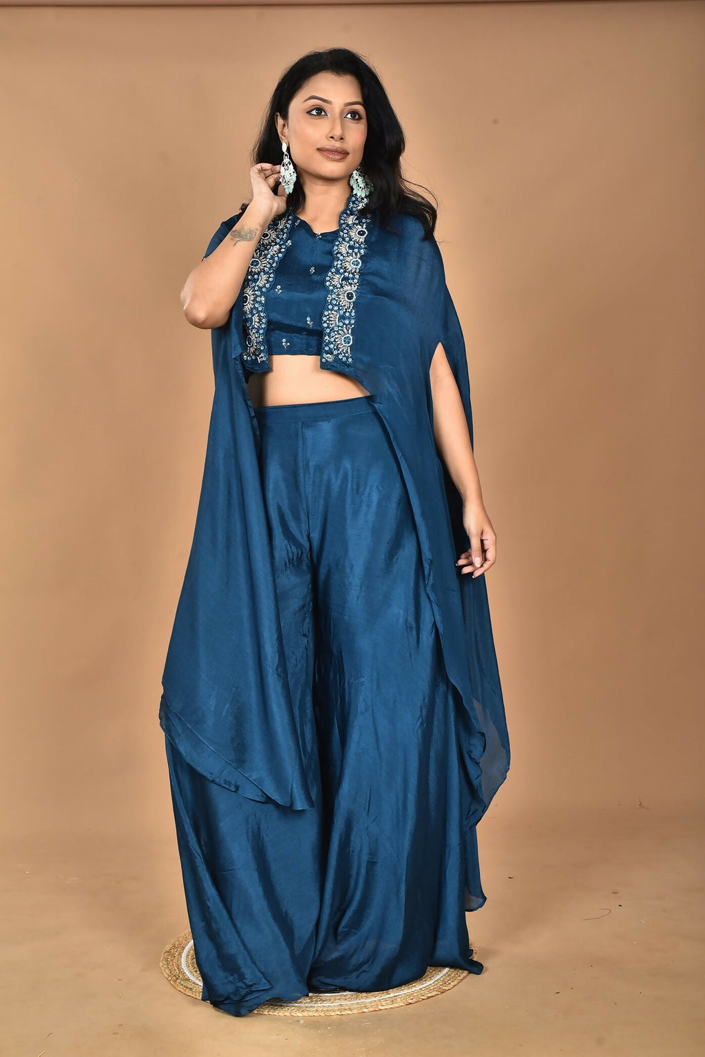 Morchari Women And Hand Embroidery Palazzo Set-Blue | Grocsy