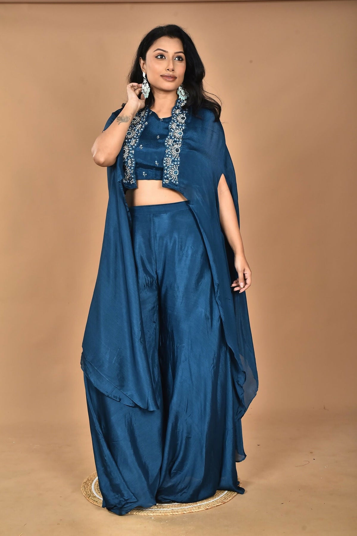 Morchari Women And Hand Embroidery Palazzo Set-Blue | Grocsy