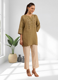 Joban Fashion Light Brown Linen Embroidered Readymade Tunic | Grocsy