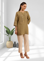 Joban Fashion Light Brown Linen Embroidered Readymade Tunic | Grocsy