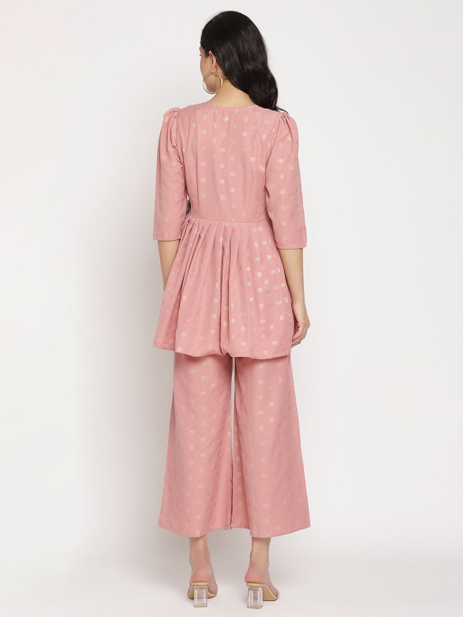 Ahalyaa Pink Ethnic Motifs Printed Angrakha Kurti With Palazzos For Women | Grocsy