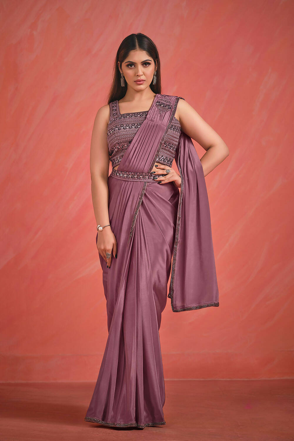 Dusky Wine Crepe Silk Georgette Thread & Sequence with Kardana work Saree With Stitched Blouse - Mohmanthan Elegancia | Grocsy