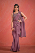 Dusky Wine Crepe Silk Georgette Thread & Sequence with Kardana work Saree With Stitched Blouse - Mohmanthan Elegancia | Grocsy