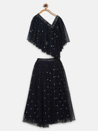 Ahalyaa Navy Blue Net Asymmetric Kids Top With Skirt For Girls | Grocsy