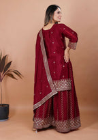 Teeya Creation Maroon Color Chinon Silk Embroidery Work Palazzo Set | Grocsy
