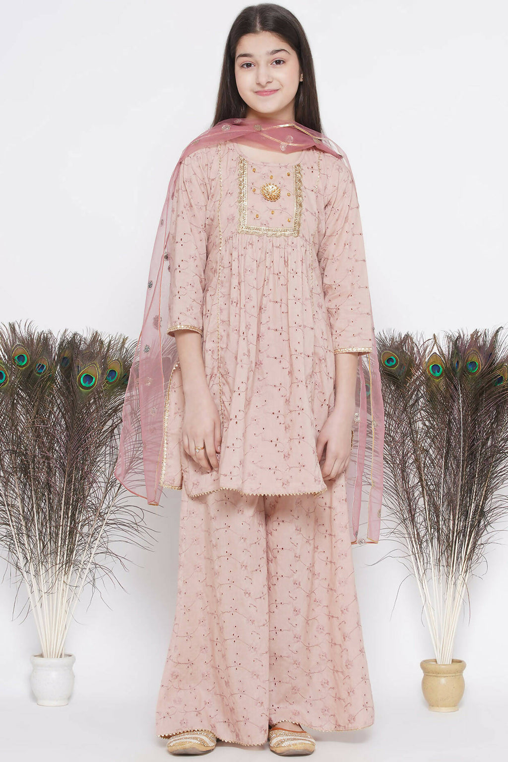 Little Bansi Floral Shiffli Kurta With Plazzo And Dupatta - Brown | Grocsy