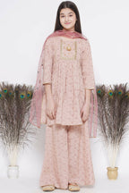 Little Bansi Floral Shiffli Kurta With Plazzo And Dupatta - Brown | Grocsy
