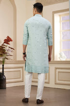 Raivat Ethnic Men's Art Silk Thread Work Kurta Pyjama In Pista Green Colour | Grocsy