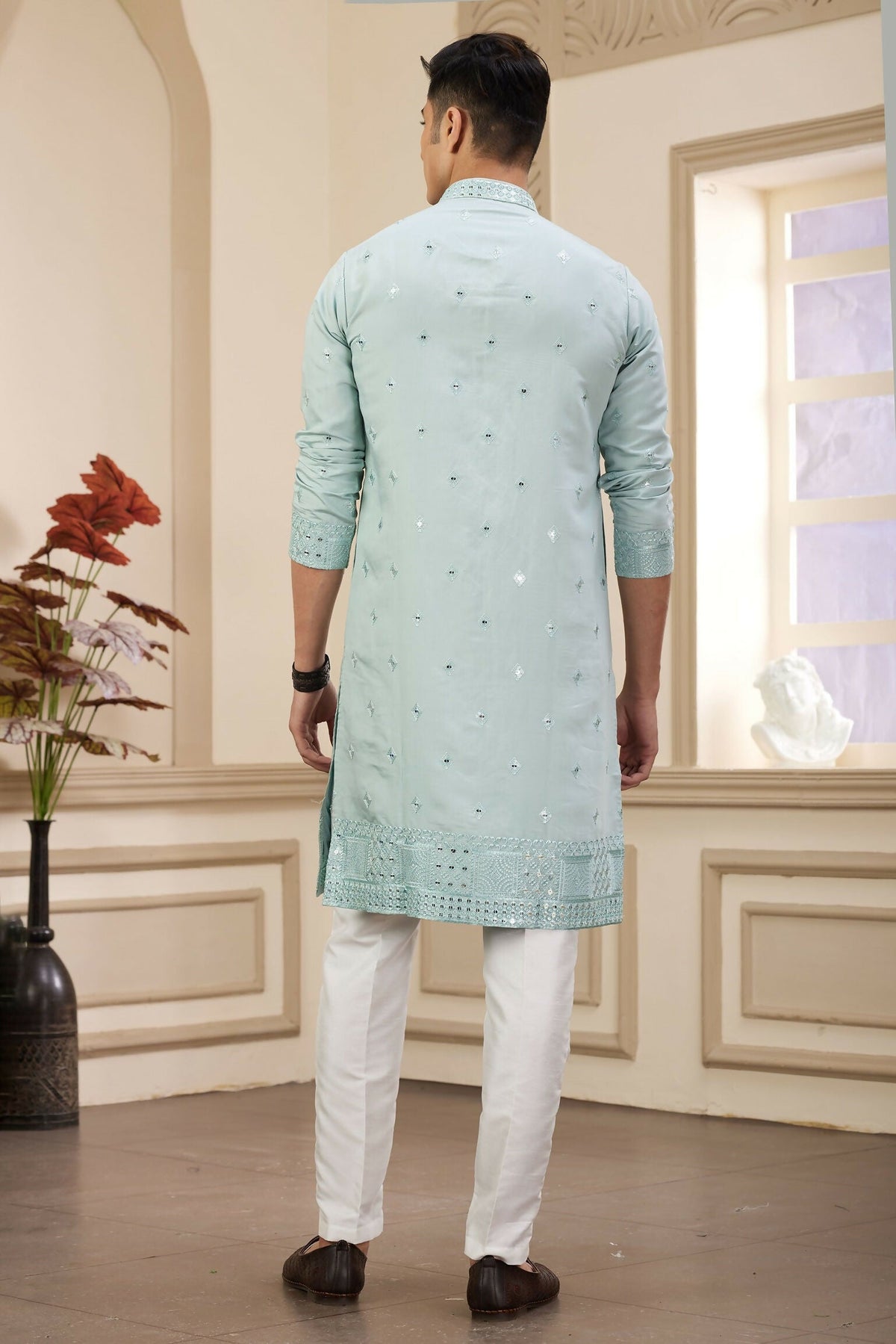 Raivat Ethnic Men's Art Silk Thread Work Kurta Pyjama In Pista Green Colour | Grocsy