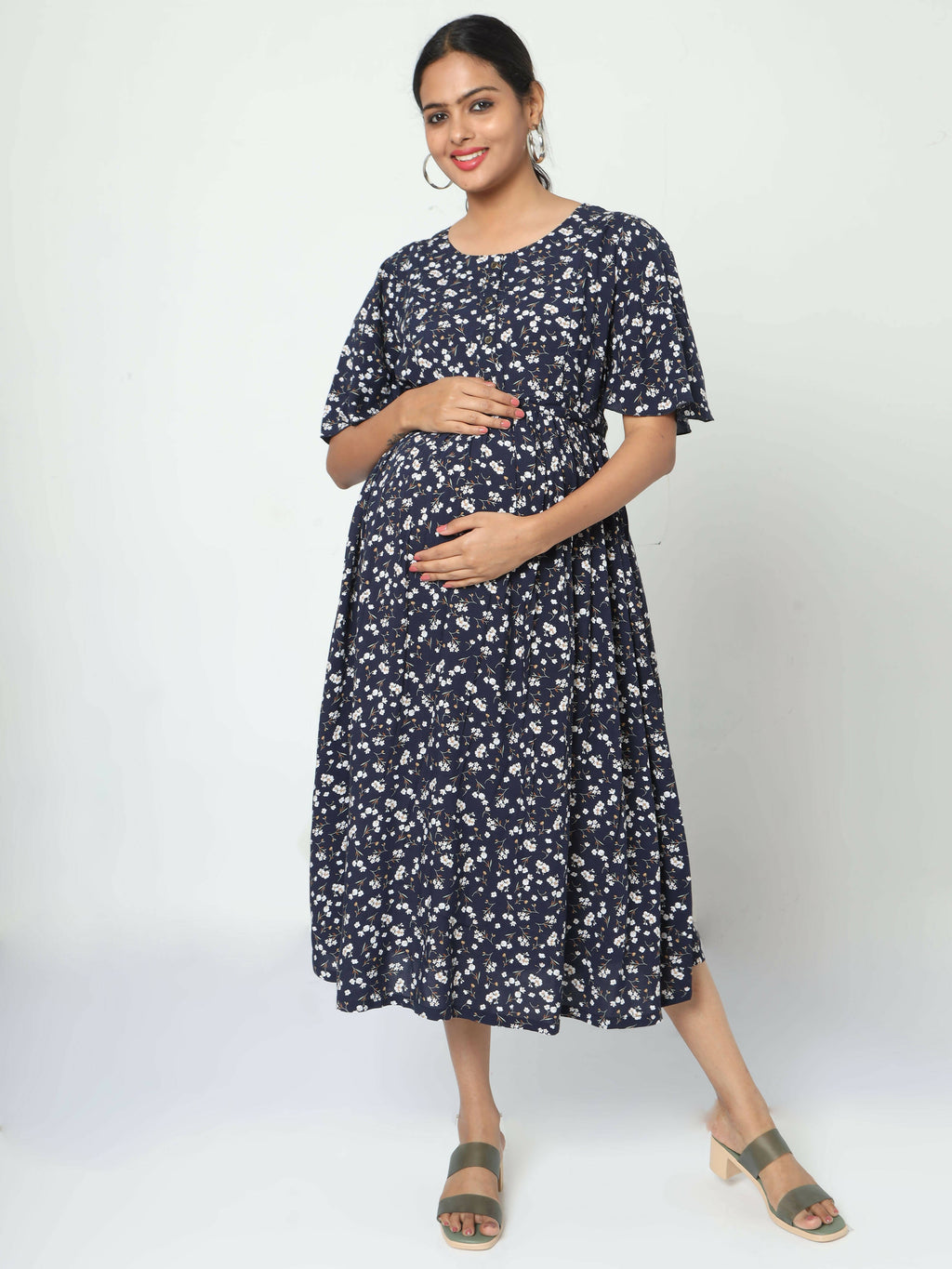 Manet Frill Slevees Maternity Dress Floral Print With Concealed Zipper Nursing Access - Navy | Grocsy