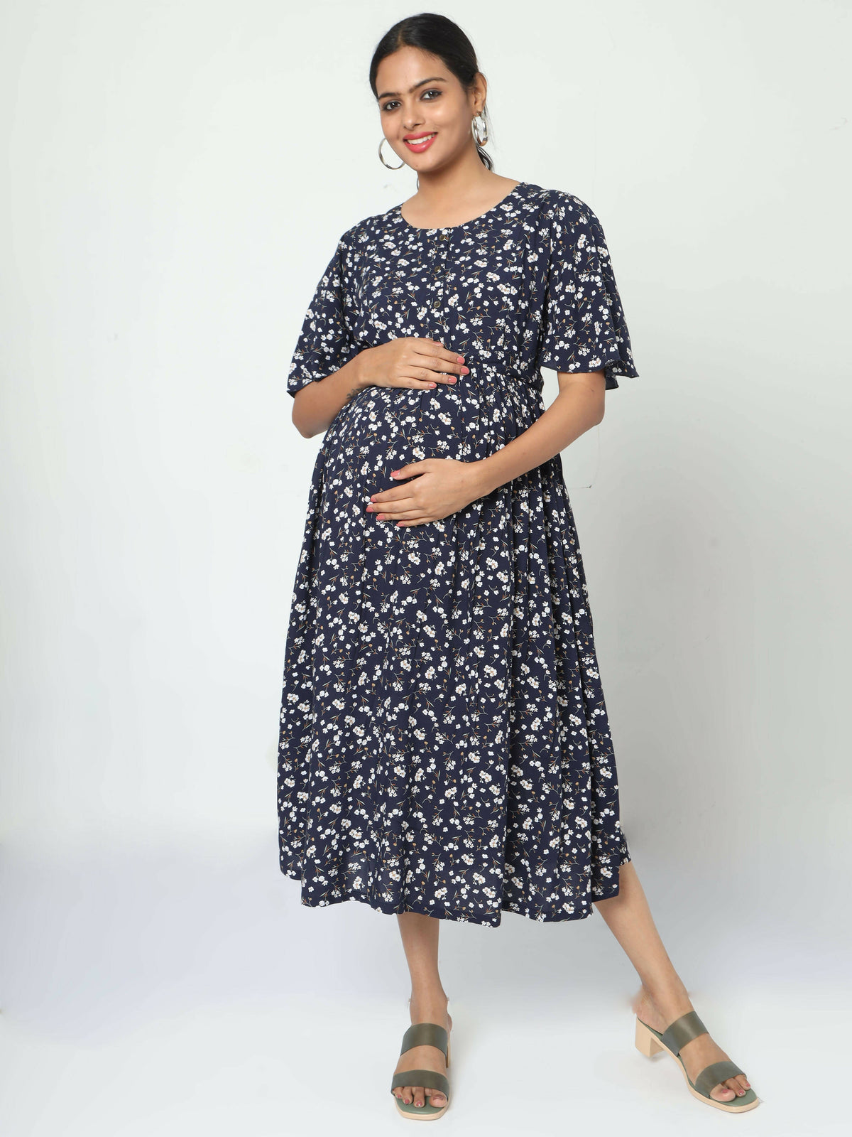 Manet Frill Slevees Maternity Dress Floral Print With Concealed Zipper Nursing Access - Navy | Grocsy