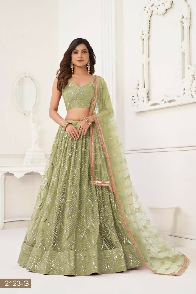 Aastha Fashion Pista Green Butterfly Net Tone To Tone Thread Work, Sequence Work And Original Mirror Work Embroidery Wedding Wear Lehenga Choli | Grocsy