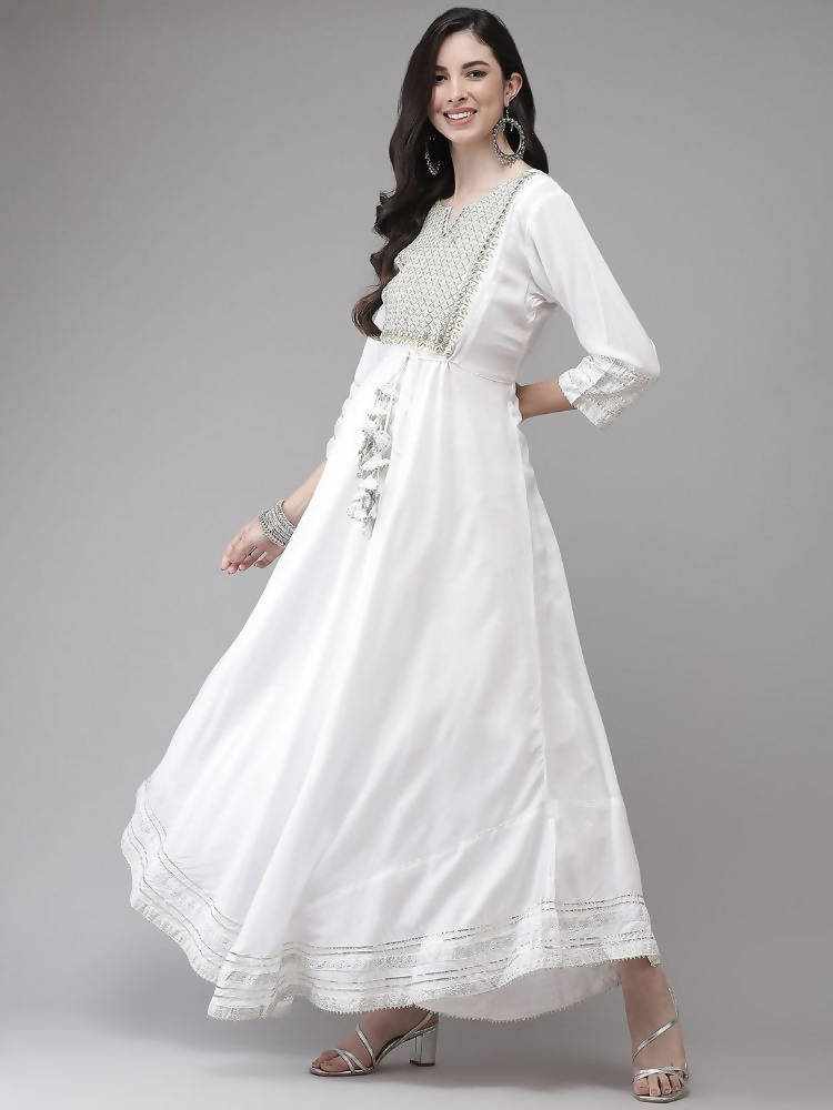 Yufta White Embroidered Ethnic Maxi Dress | Grocsy