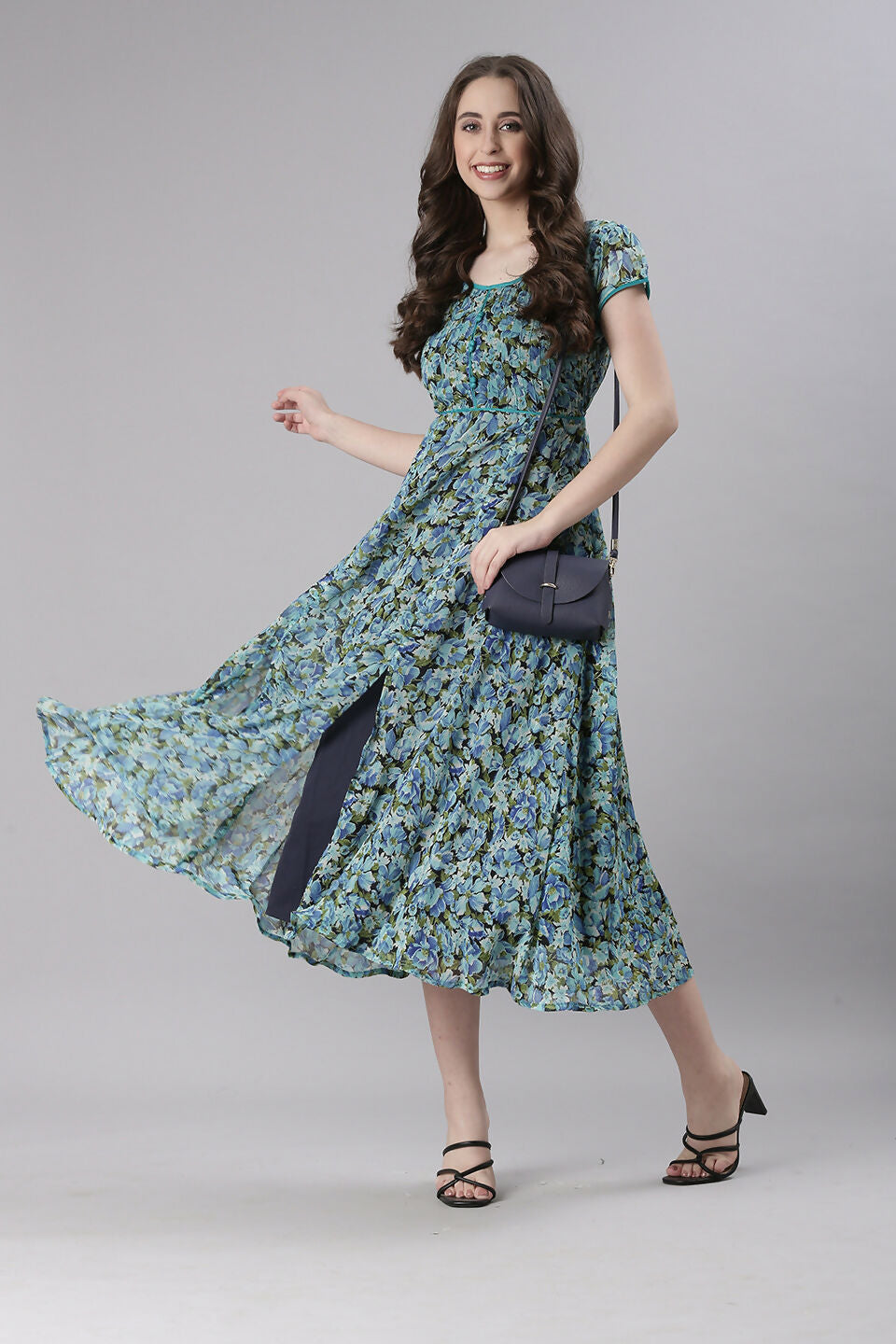 Souchii Teal & Blue Floral Printed Fit & Flare Dress | Grocsy