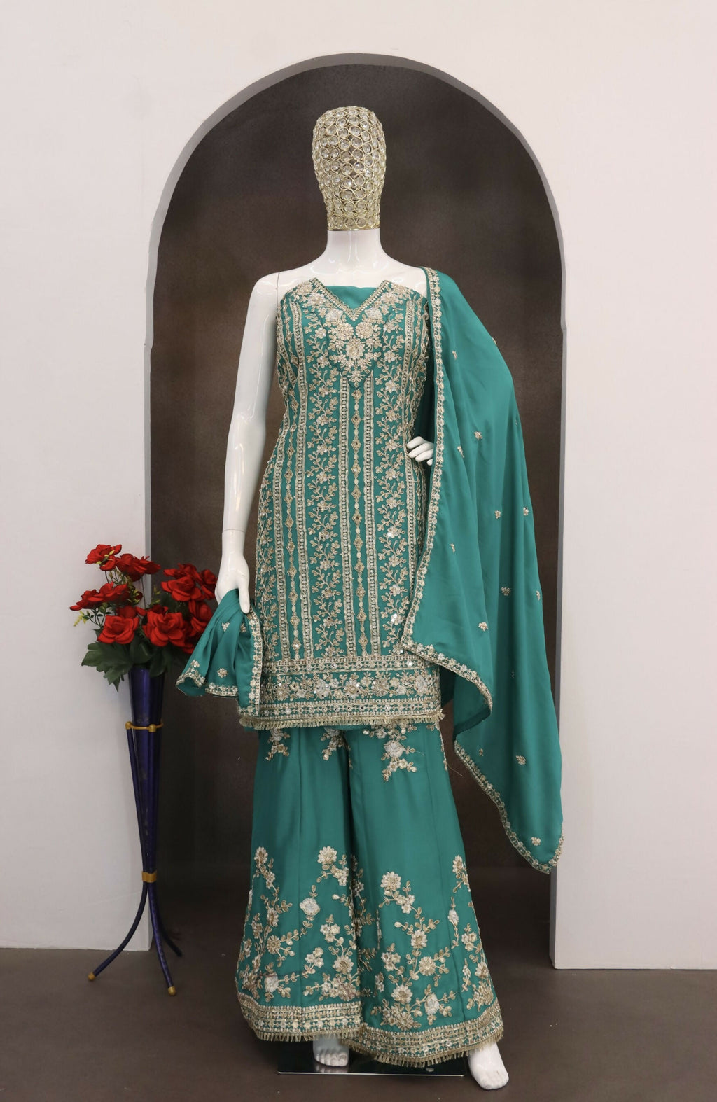 Anaita Turquoise Chinon Stitched Suit with Embroidery Codding Sequence Work | Grocsy