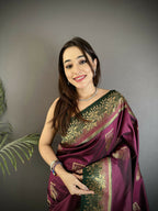 Joban Fashion Maroon Banarasi Soft Silk Peacock Butta Work Saree | Grocsy