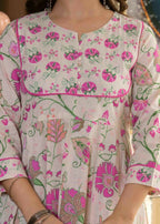 Jaimini Women Cotton Printed Round Neck 3/4 Sleeves Calf Length Flared Kurta Pant And Dupatta Set | Grocsy