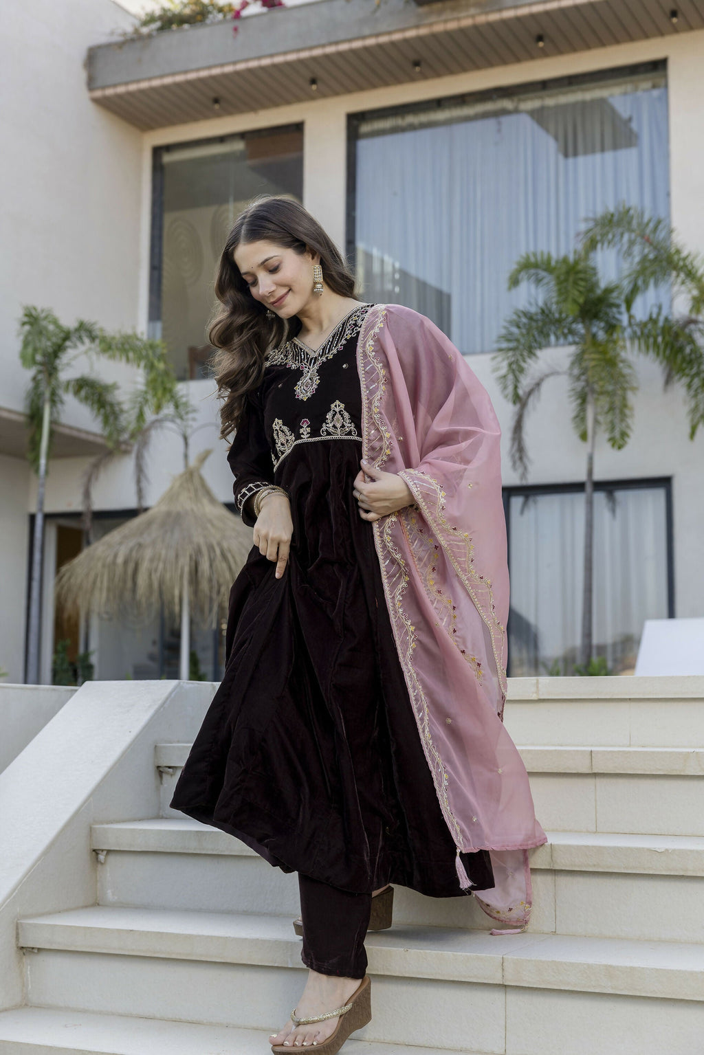 The52 Women's Beautiful Velvet Fabric Embroidery Work Flared Anarkali Pant and Dupatta Set | Grocsy