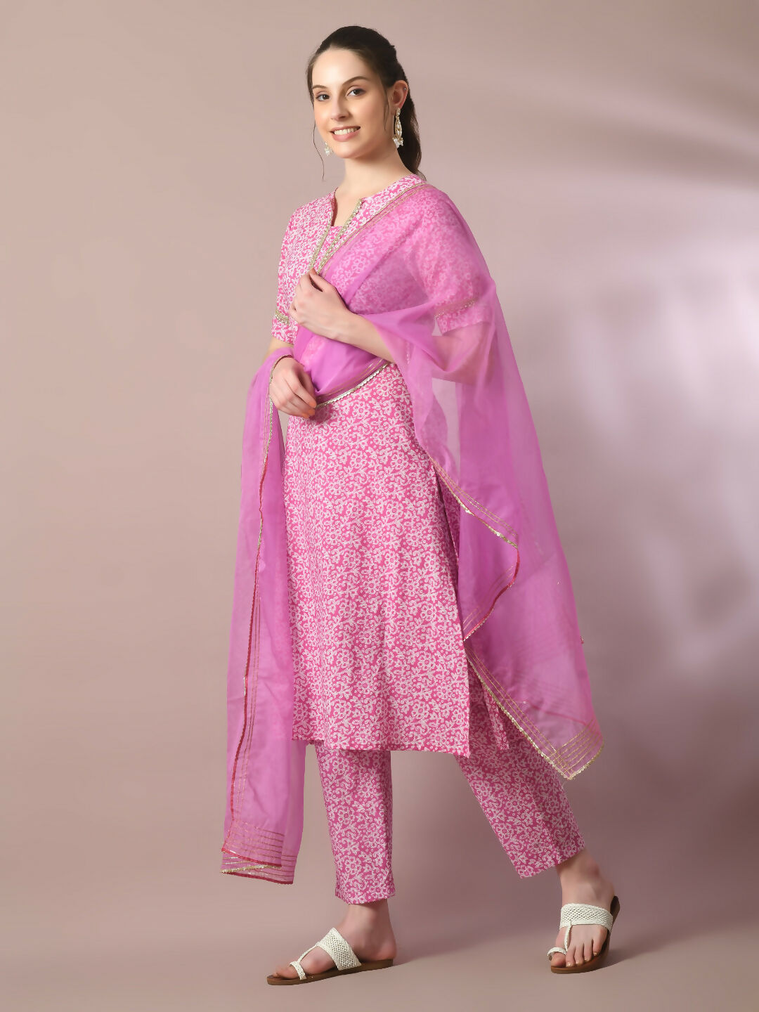 Myshka Women's Pink Printed Cotton Straight Party Kurta Set With Dupatta | Grocsy