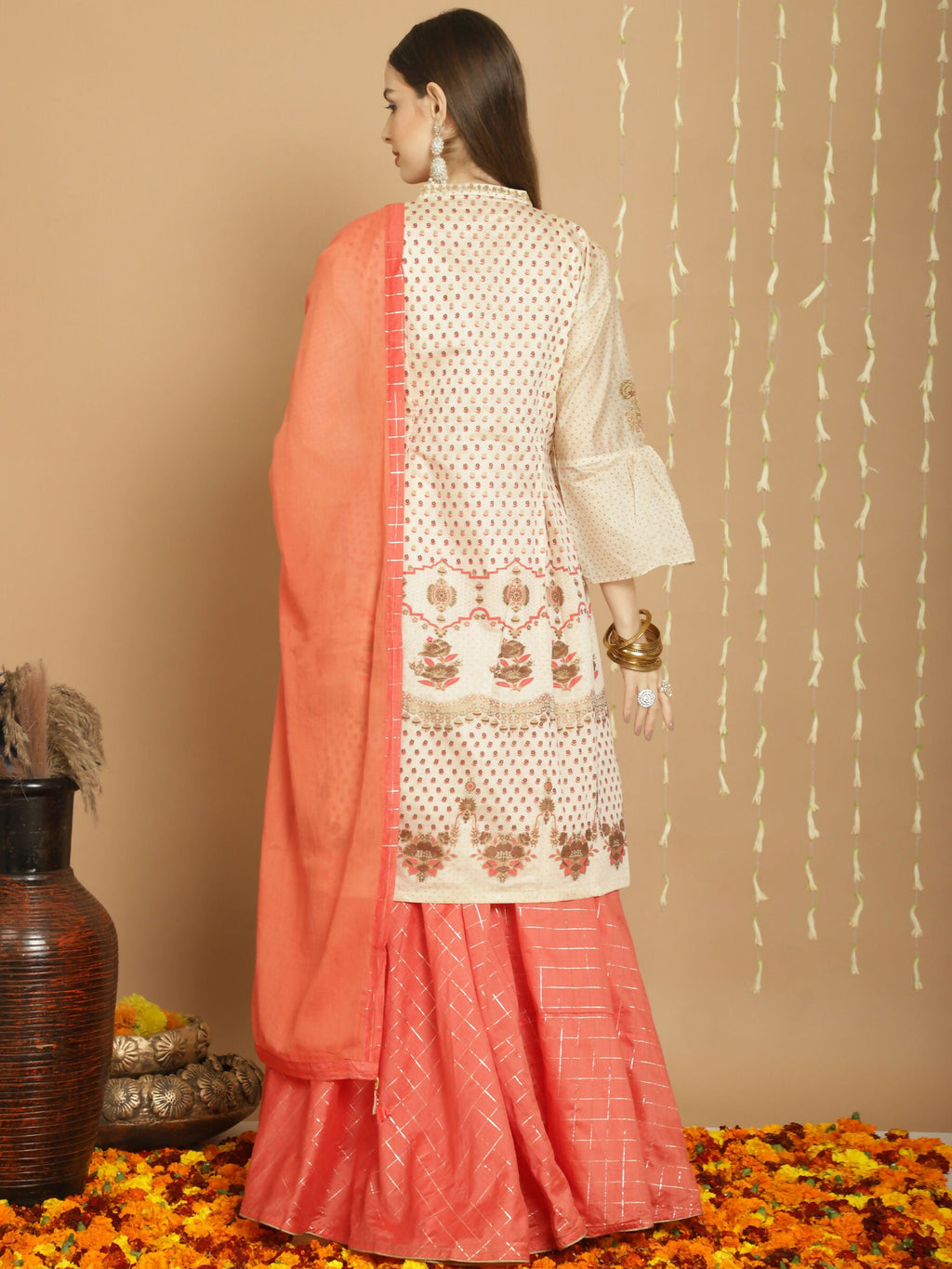 Jyoti Fashion Women's Cream Chanderi Silk Elegant Jardoshi Semi Kurta with Trouser & Dupatta | Grocsy