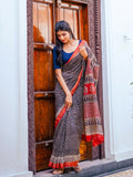 Zibaa Hand-Blocked Pure Maheshwari Silk Navy Blue Saree | Grocsy