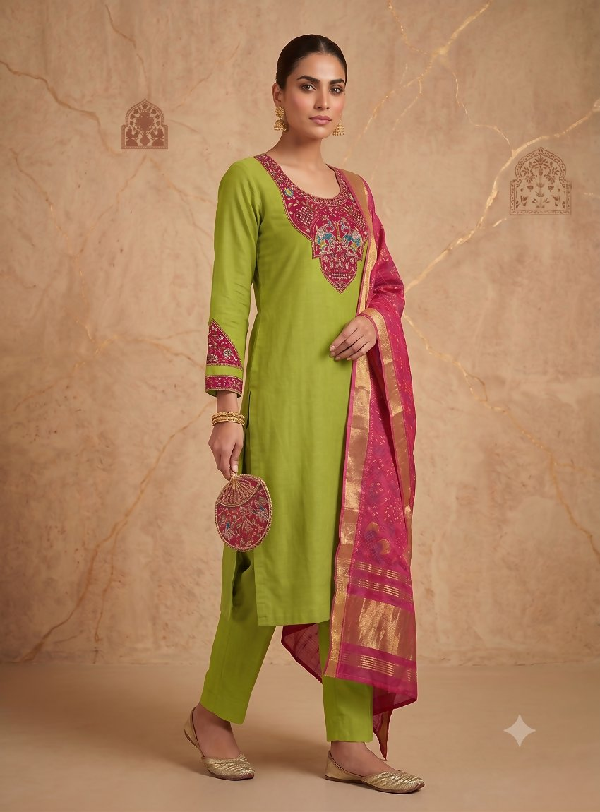 Teeya Creation Women Lime Green Embroidered Straight Kurta With Rani Pink Dupatta And Pant Set | Grocsy