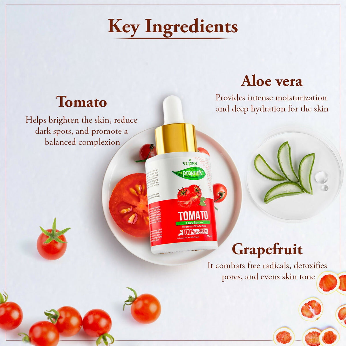 VI-JOHN Prakritik Tomato Face Serum, Moisturizes & Hydrates, Made With 100% Natural Bio Actives | Grocsy