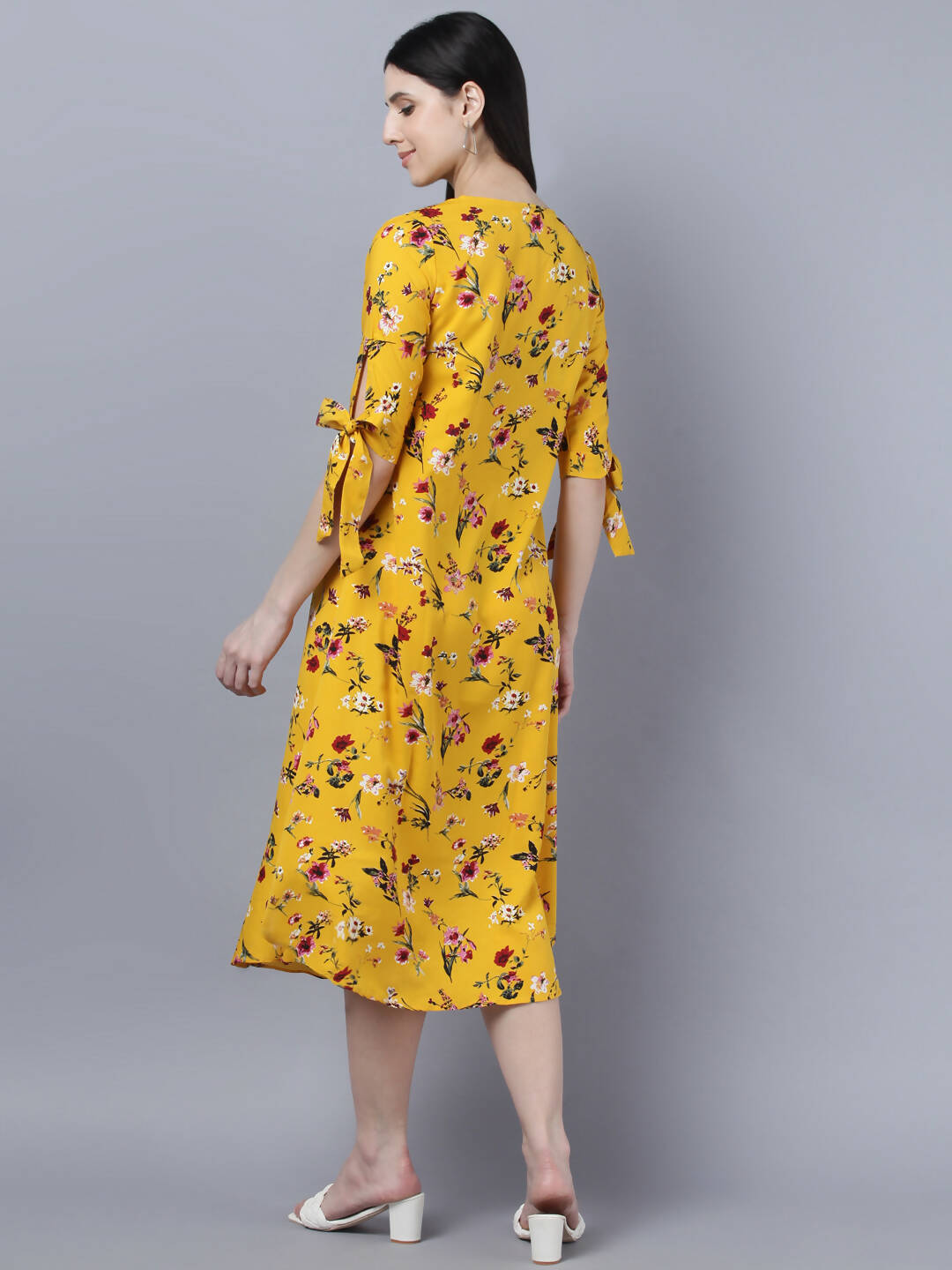 Myshka Women Yellow Floral Printed Flared Sleeves Thread Work Crepe Kurta | Grocsy