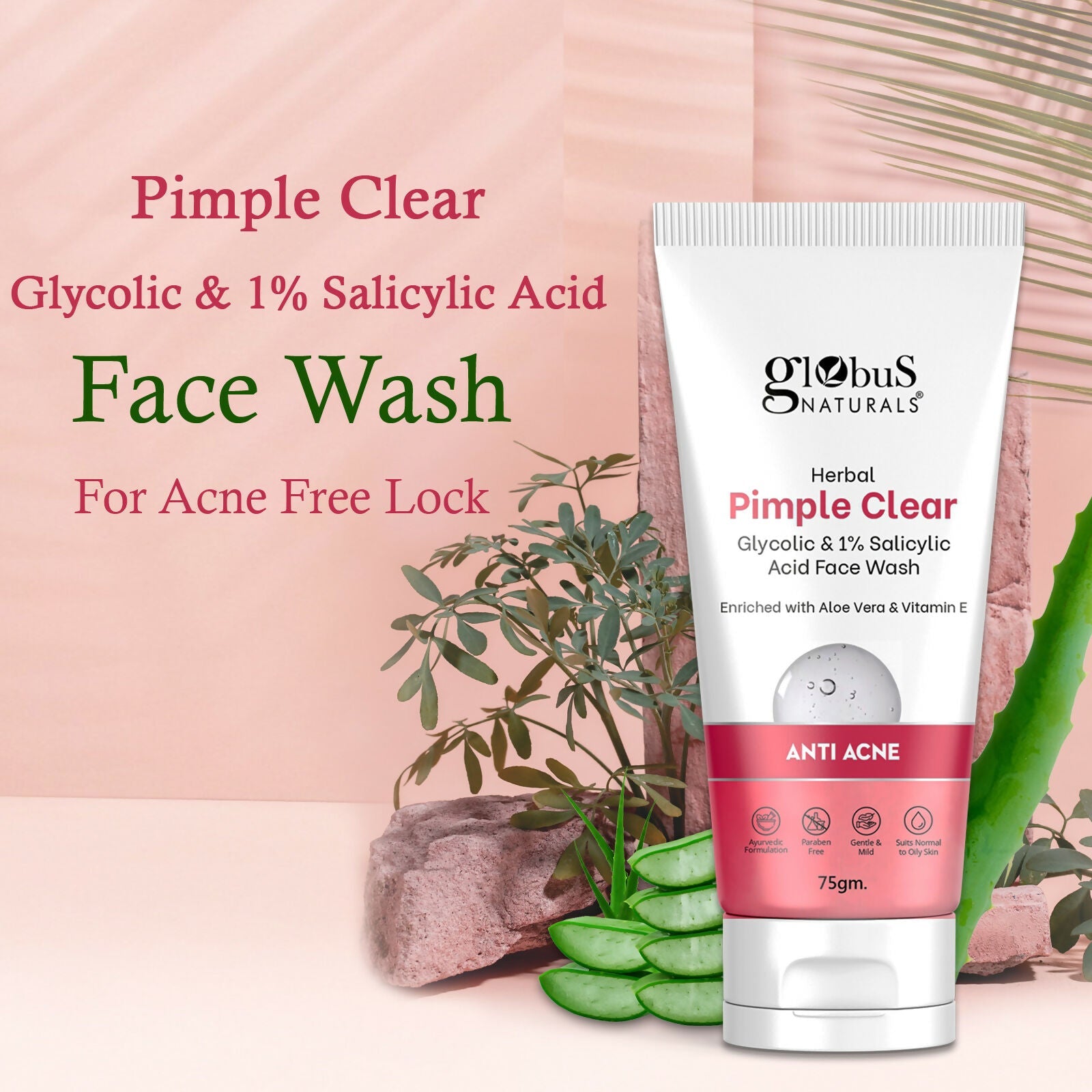 Globus Naturals Herbal Pimple Clear Glycolic & 1% Salicylic Acid Face Wash | Grocsy