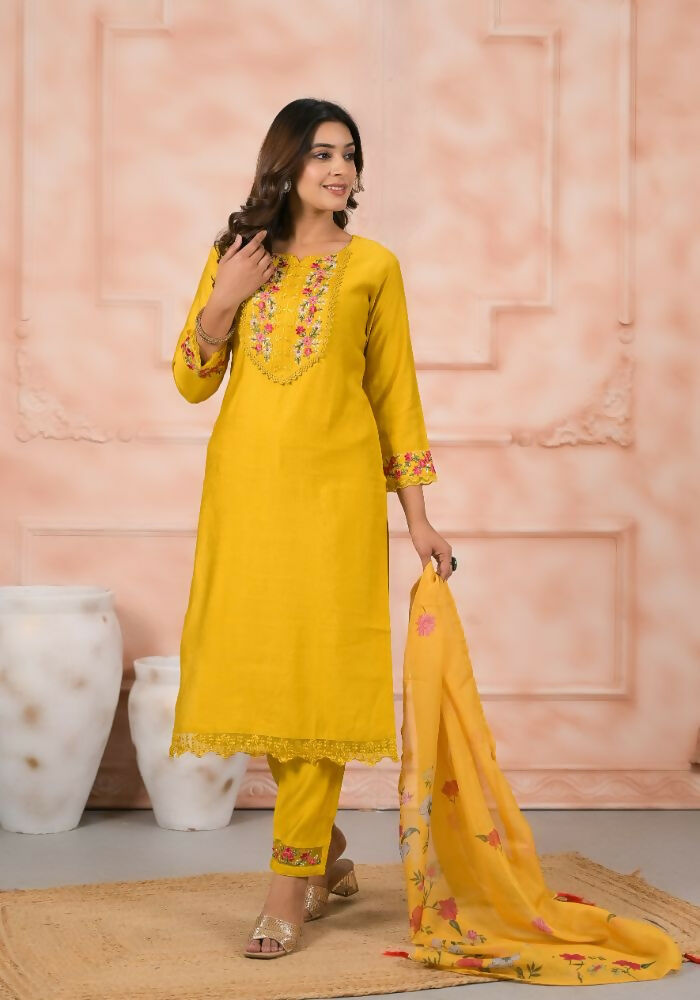 Ethnic Festive Wear Slik Yellow Stitched Suit With Dupatta - Anbazaar | Grocsy