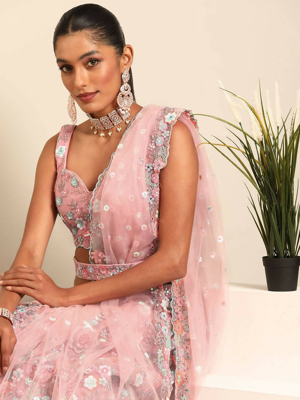 House of Panchhi Pink Net Sequins, Mirror and thread embroidery Lehenga choli & Dupatta | Grocsy