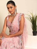House of Panchhi Pink Net Sequins, Mirror and thread embroidery Lehenga choli & Dupatta | Grocsy