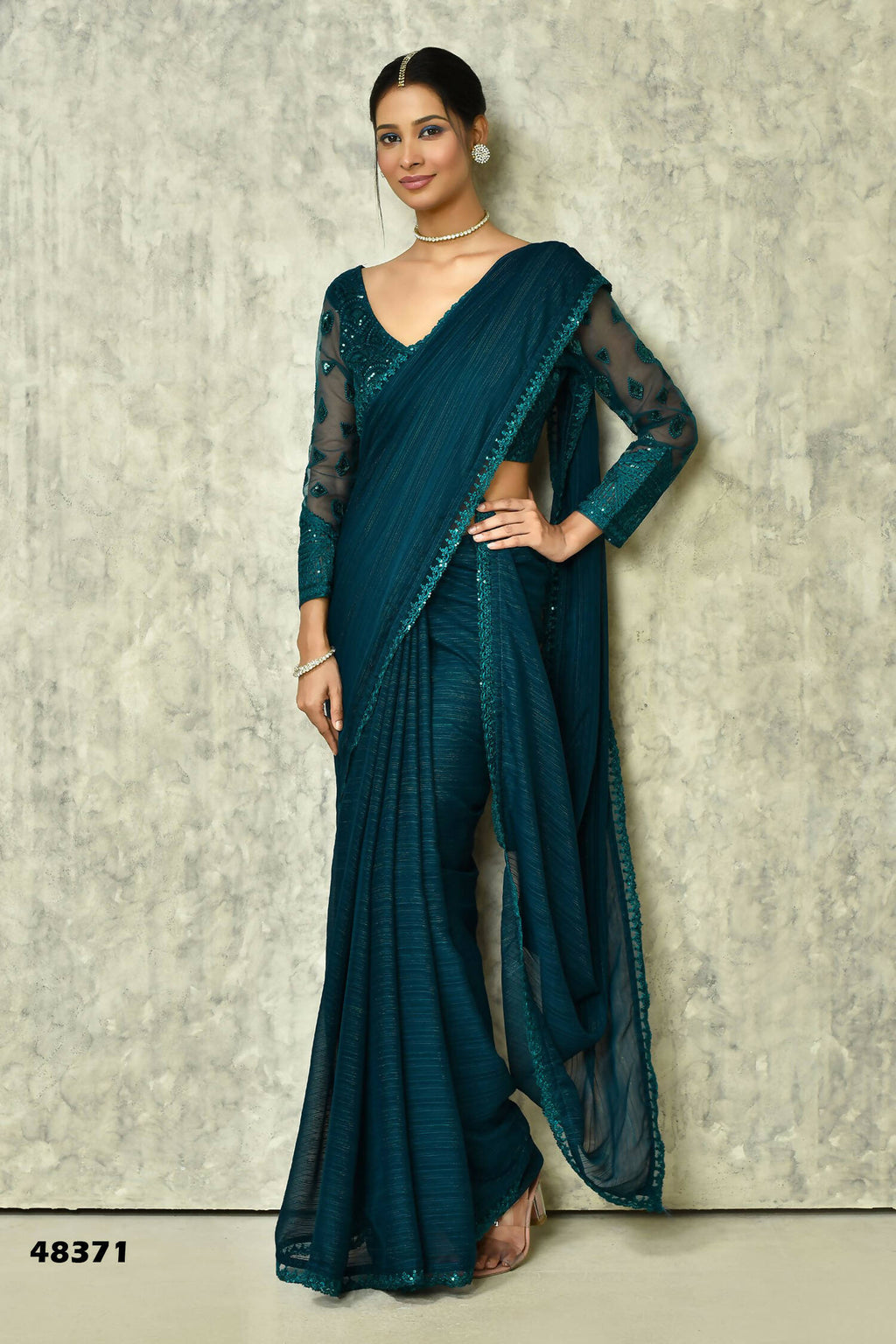 Teal Silk Solid Saree With Blouse Piece - Purvi | Grocsy