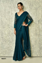 Teal Silk Solid Saree With Blouse Piece - Purvi | Grocsy