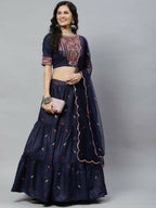Navy Blue Cotton Embroidered Work Lehenga Choli with Dupatta - Jivika | Grocsy