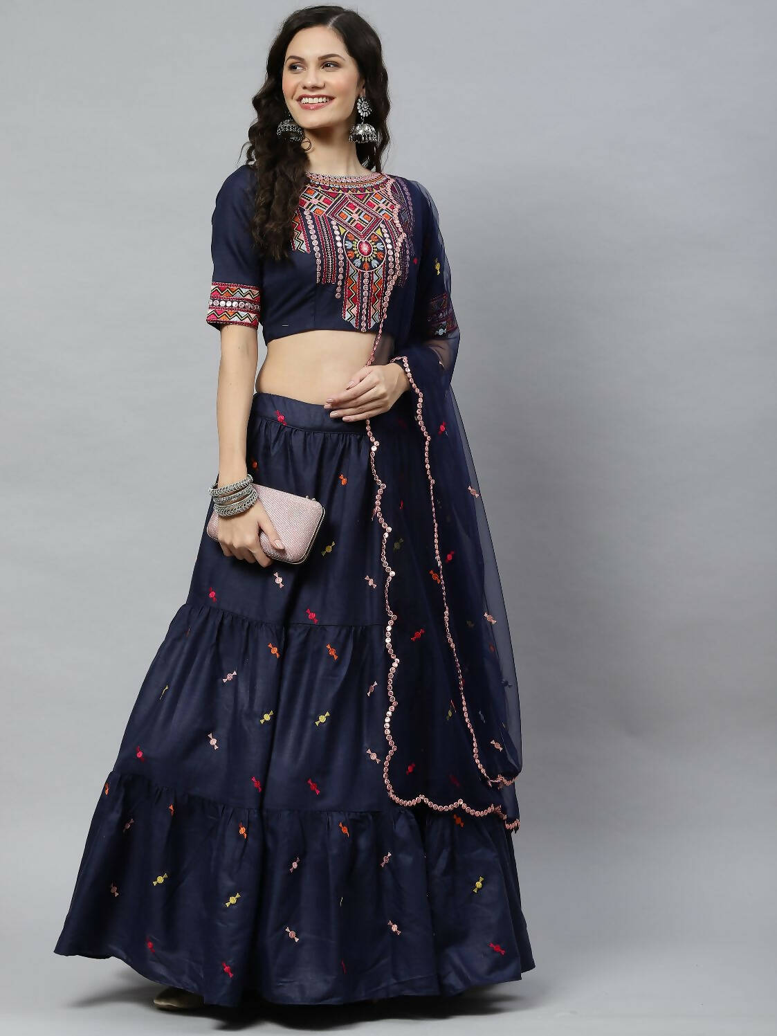 Navy Blue Cotton Embroidered Work Lehenga Choli with Dupatta - Jivika | Grocsy