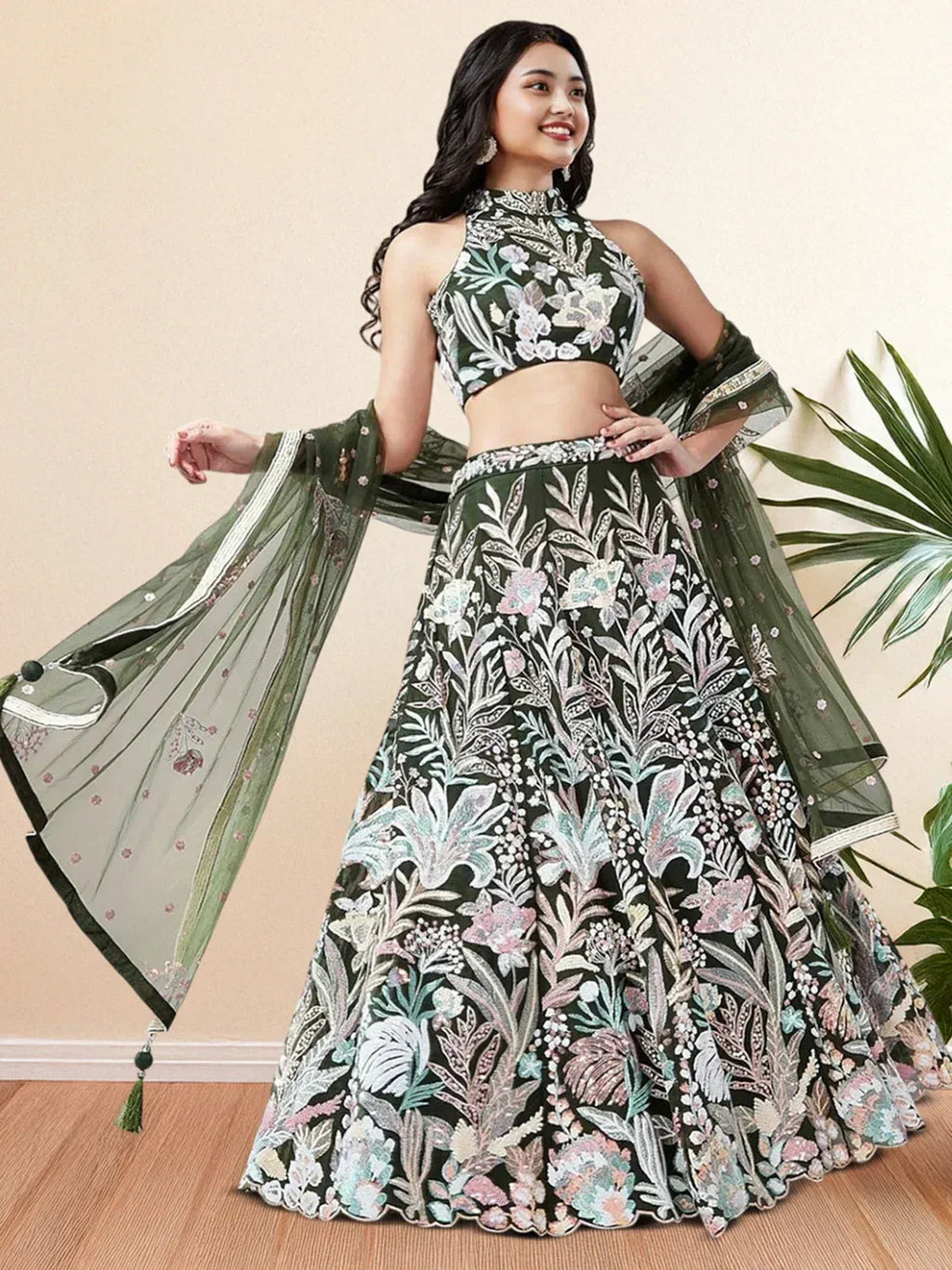 Tulsi Art Glamorous Green Sequins Net Designer Lehenga Choli With Dupatta | Grocsy