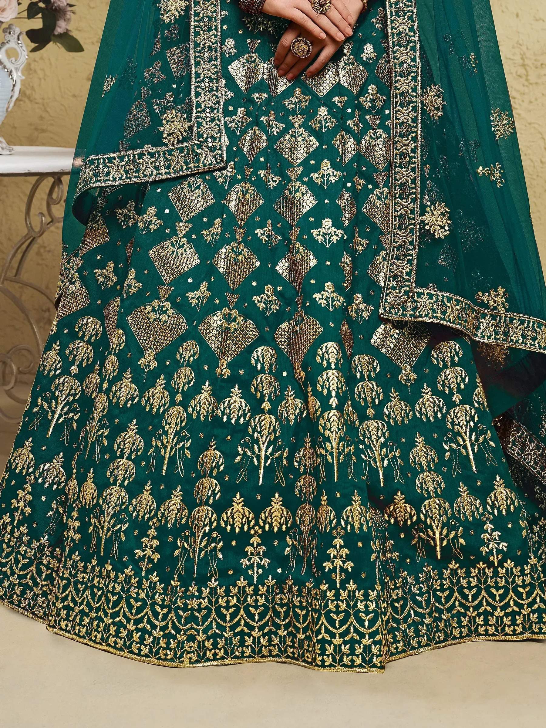 Tulsi Art Glamorous Green Thread Embroidered Silk Lehenga Choli With Dupatta | Grocsy