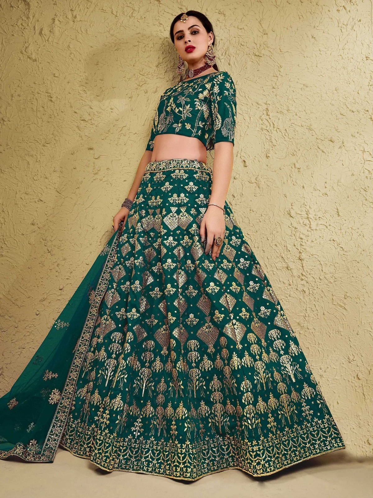 Tulsi Art Glamorous Green Thread Embroidered Silk Lehenga Choli With Dupatta | Grocsy