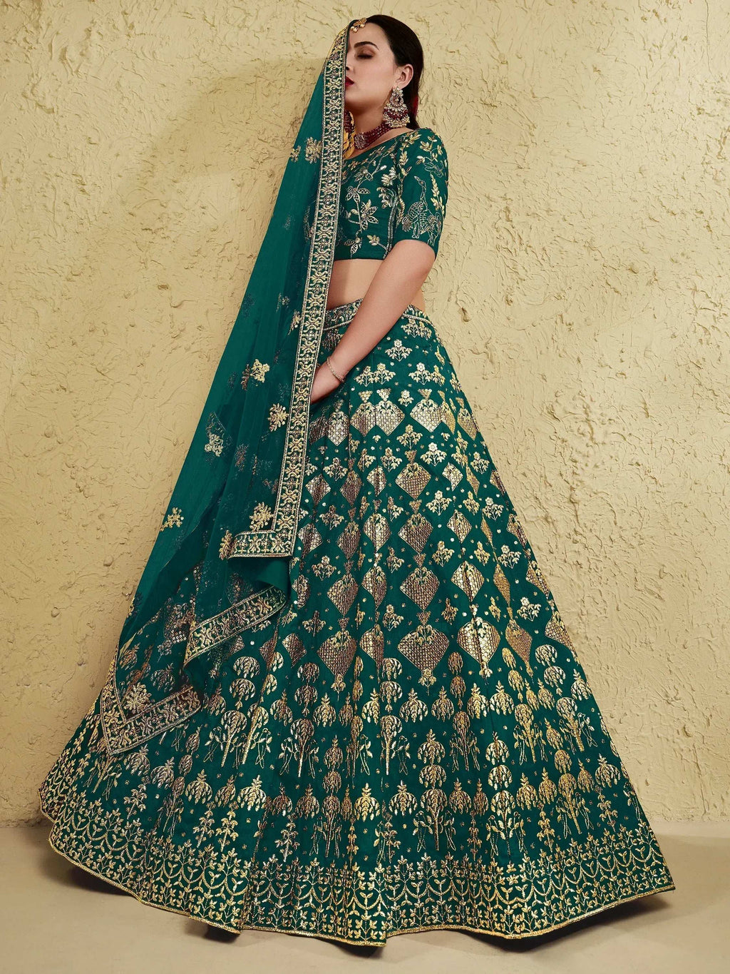 Tulsi Art Glamorous Green Thread Embroidered Silk Lehenga Choli With Dupatta | Grocsy