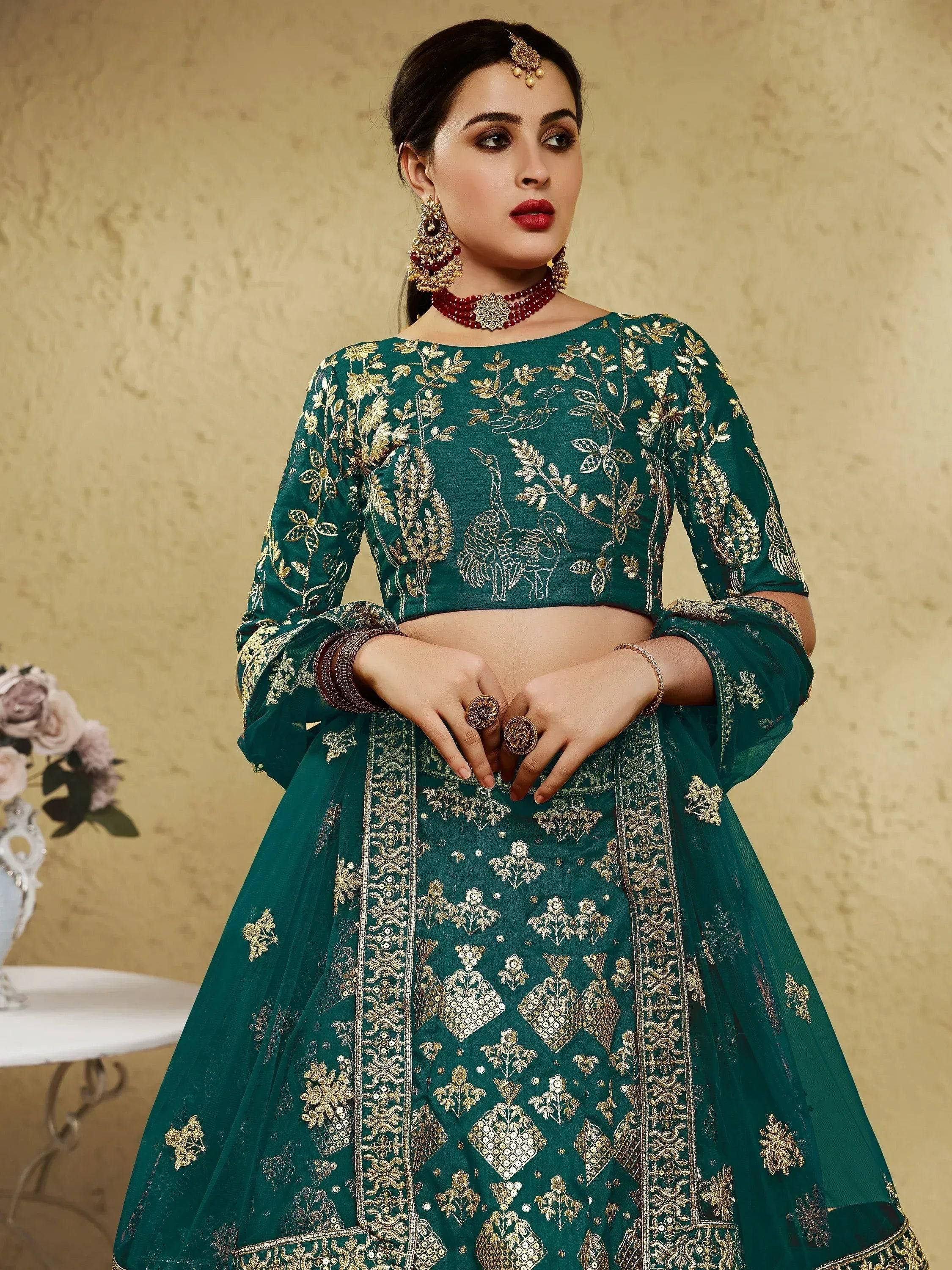 Tulsi Art Glamorous Green Thread Embroidered Silk Lehenga Choli With Dupatta | Grocsy