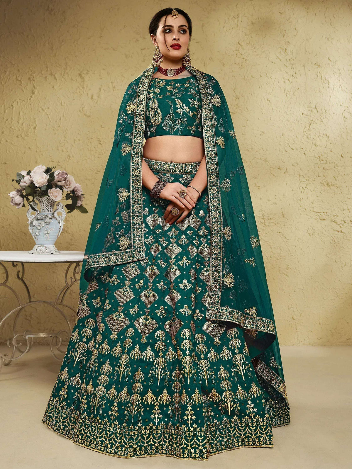 Tulsi Art Glamorous Green Thread Embroidered Silk Lehenga Choli With Dupatta | Grocsy