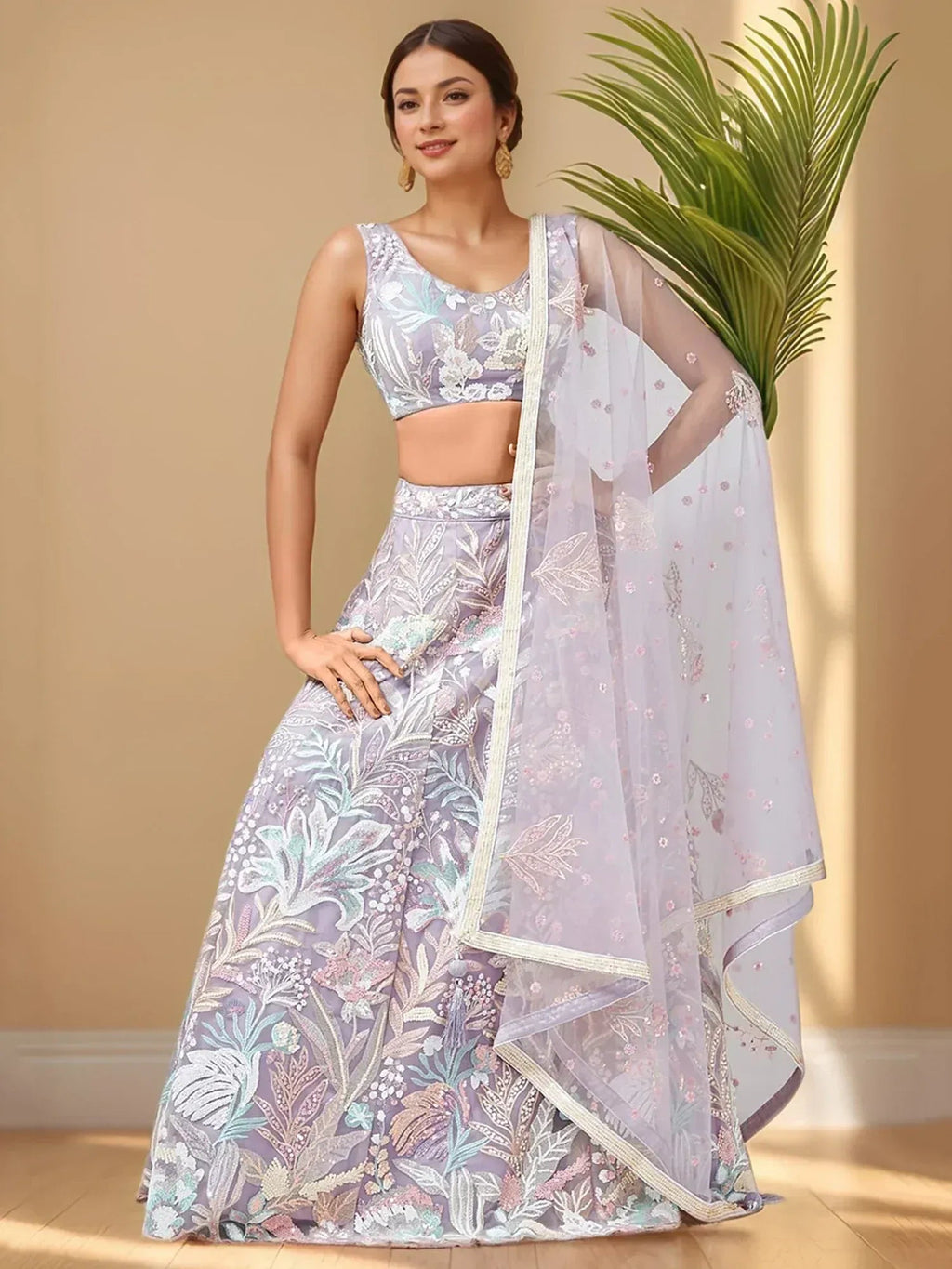 Tulsi Art Glamorous Lavender Sequins Net Bridesmaid Lehenga Choli With Dupatta | Grocsy